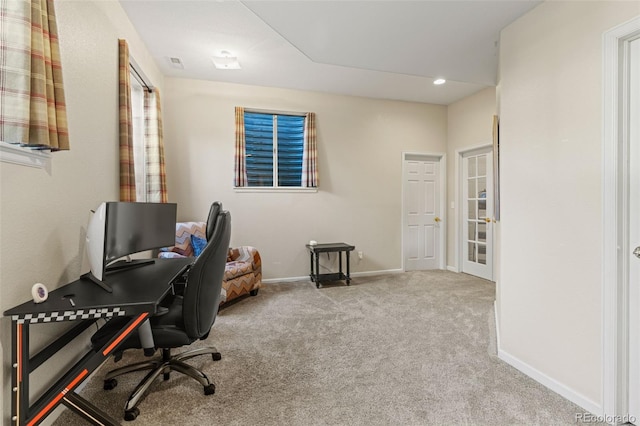 carpeted office with visible vents, baseboards, and recessed lighting