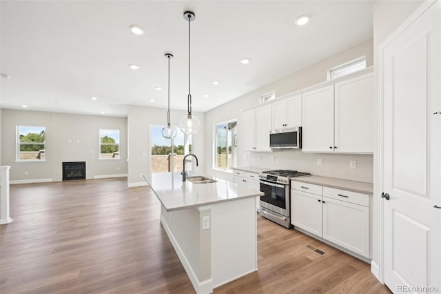 kitchen with white cabinetry, appliances with stainless steel finishes, sink, and a kitchen island with sink