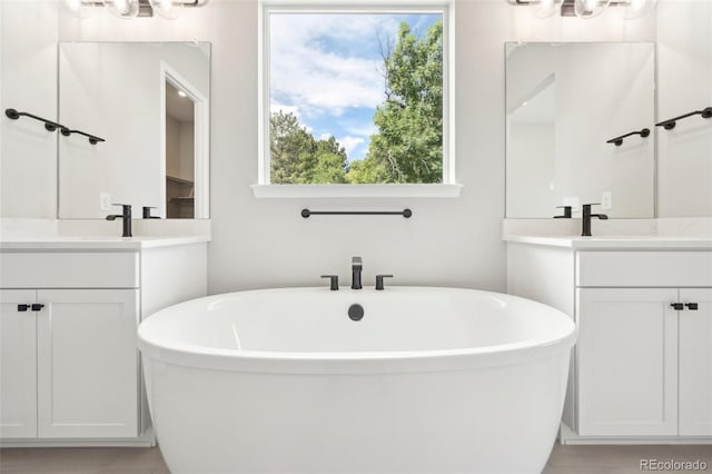 bathroom featuring plenty of natural light, a bathtub, and vanity