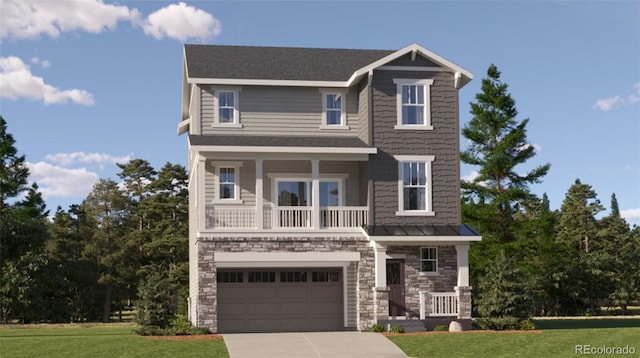 view of front of property with concrete driveway, a front lawn, an attached garage, and stone siding