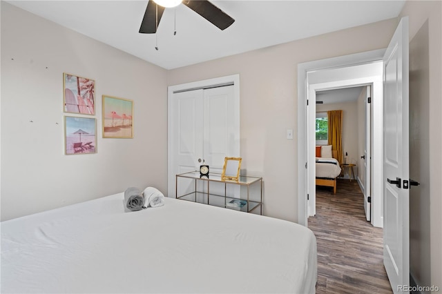 8060 Stuart Pl, Westminster, CO 80031 - bedroom featuring dark wood-style flooring, a closet, and a ceiling fan