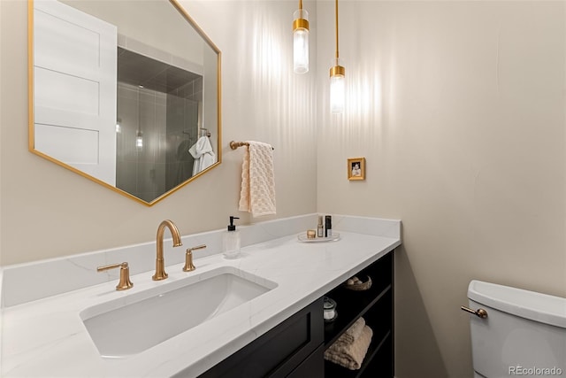 bathroom featuring vanity, an enclosed shower, and toilet