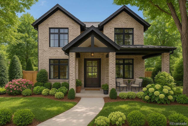 view of front of home with fence, covered porch, a front yard, a standing seam roof, and brick siding