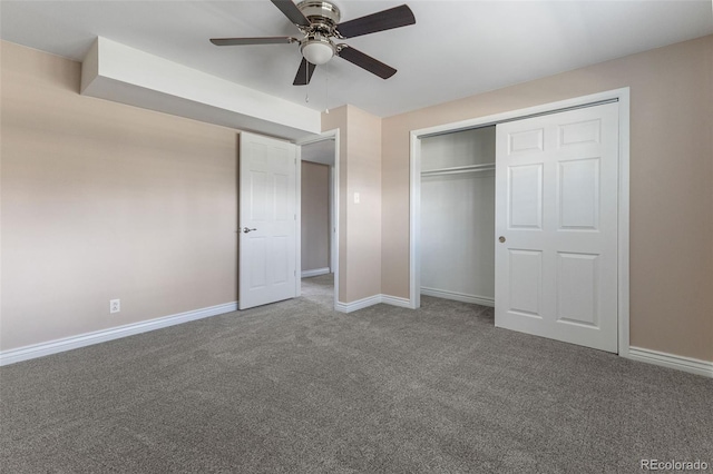 11506 Fowler Dr, Northglenn, CO 80233 - unfurnished bedroom with baseboards, carpet flooring, a ceiling fan, and a closet