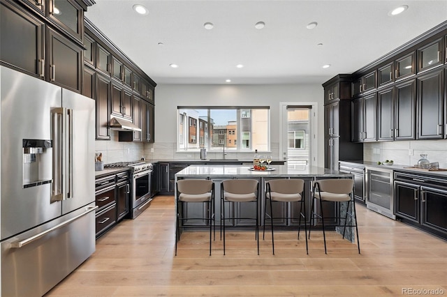 815 Promenade Dr, Superior, CO 80027 - kitchen with premium appliances, wine cooler, under cabinet range hood, a kitchen breakfast bar, and backsplash
