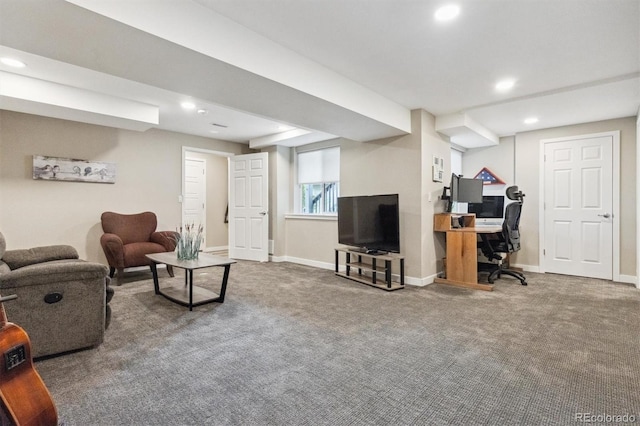 9682 Dunning Cir, Highlands Ranch, CO 80126 - living area featuring carpet, a desk, and recessed lighting