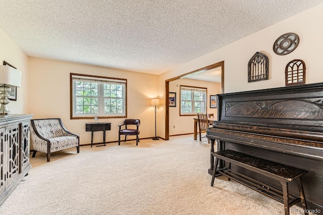 6351 S Andes Pl, Centennial, CO 80016 - living area featuring carpet, a textured ceiling, and baseboards