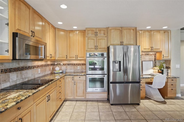 2841 Wyecliff Way, Highlands Ranch, CO 80126 - kitchen with appliances with stainless steel finishes, light brown cabinetry, stone counters, and recessed lighting