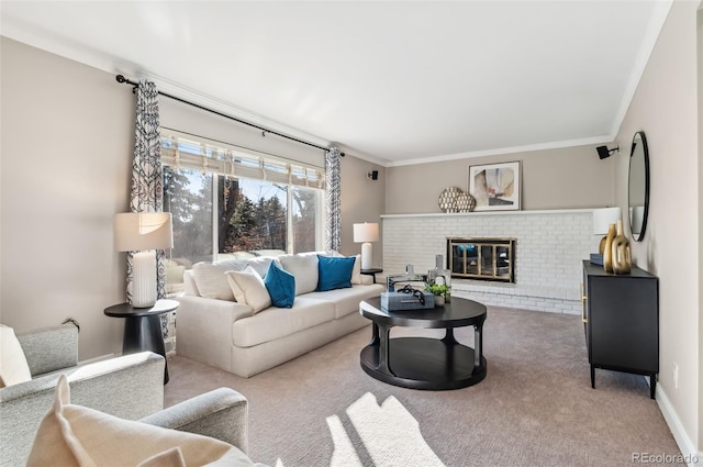 carpeted living room featuring ornamental molding and a brick fireplace