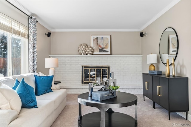 living room featuring light carpet, a brick fireplace, and ornamental molding