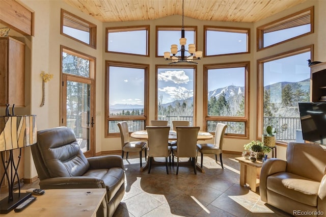 sunroom / solarium featuring a chandelier, lofted ceiling, and wooden ceiling