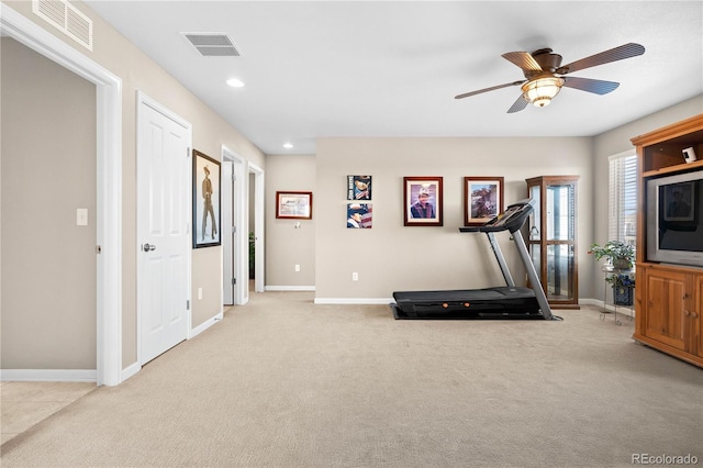 exercise room featuring baseboards, carpet, visible vents, and recessed lighting