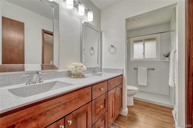 full bath featuring wood finished floors, toilet, and double vanity