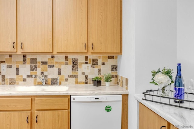 8705 W 86th Dr, Arvada, CO 80005 - kitchen with dishwasher, light brown cabinets, and backsplash