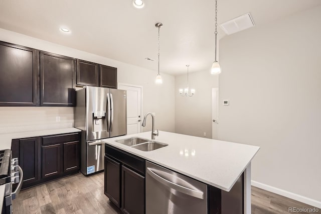 kitchen with stainless steel appliances, a sink, visible vents, light wood-style floors, and pendant lighting