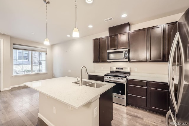 kitchen featuring light wood-style flooring, visible vents, stainless steel appliances, and a sink