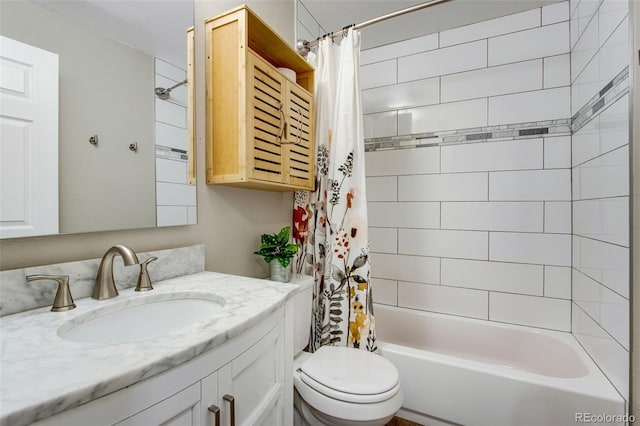 full bathroom with vanity, toilet, and shower / bath combination with curtain