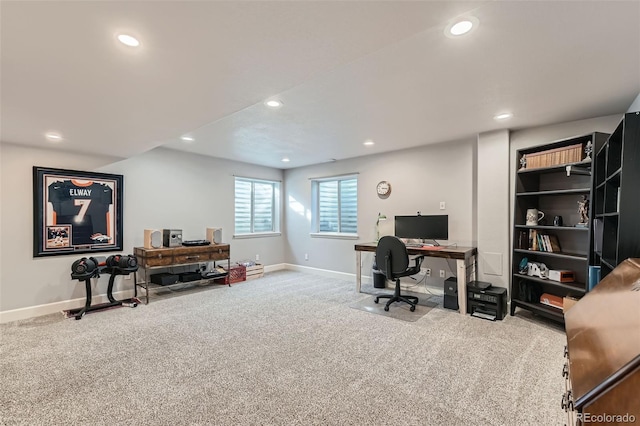 carpeted office featuring baseboards and recessed lighting