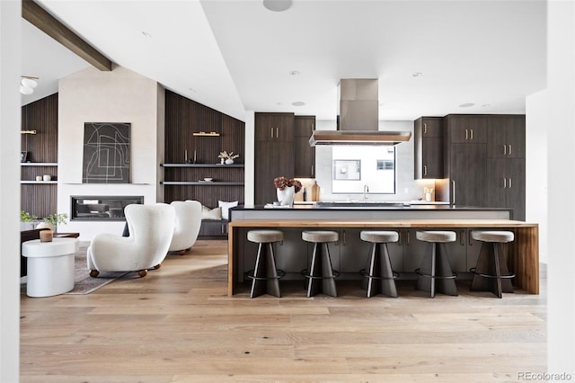 kitchen with light wood finished floors, a kitchen breakfast bar, a fireplace, island range hood, and dark brown cabinets