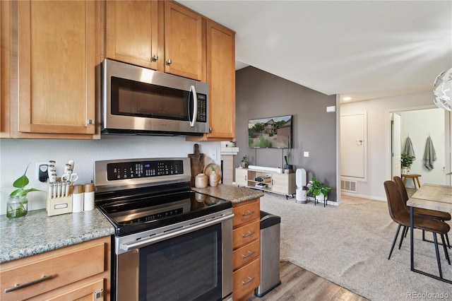 23376 E 5th Pl Unit 201, Aurora, CO 80018 - kitchen featuring stainless steel appliances, lofted ceiling, light wood-type flooring, brown cabinetry, and light stone counters