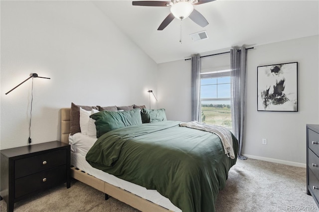 23376 E 5th Pl Unit 201, Aurora, CO 80018 - bedroom featuring light colored carpet, lofted ceiling, and ceiling fan