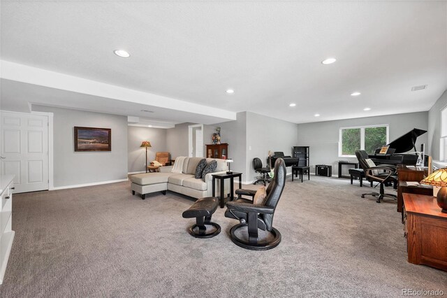 9053 Clydesdale Rd, Castle Rock, CO 80108 - carpeted living room featuring recessed lighting, a desk, and baseboards