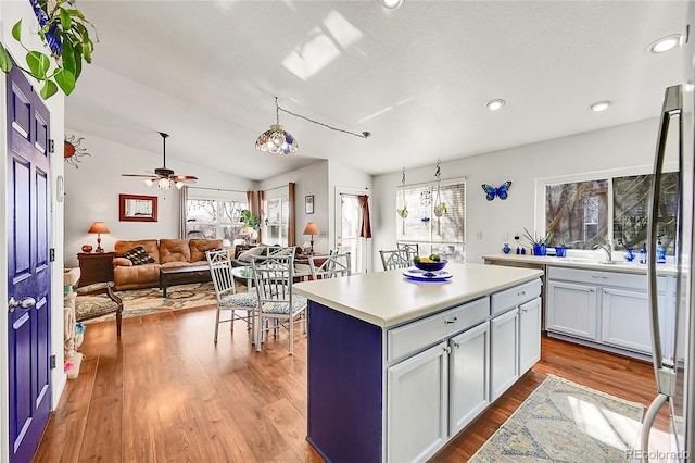 kitchen with a wealth of natural light, light countertops, vaulted ceiling, and wood finished floors