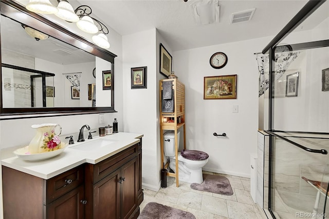 bathroom with toilet, a stall shower, visible vents, and vanity