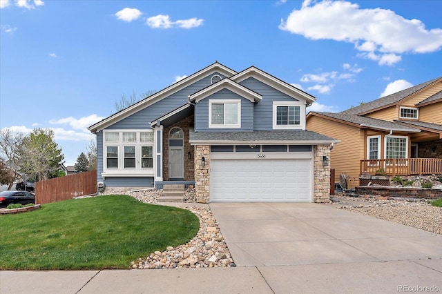 view of front of home with driveway, an attached garage, stone siding, and roof with shingles