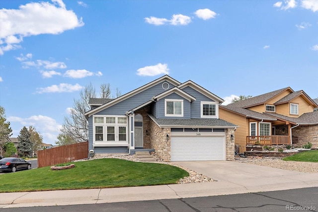 view of front of house with stone siding, driveway, a garage, and a shingled roof