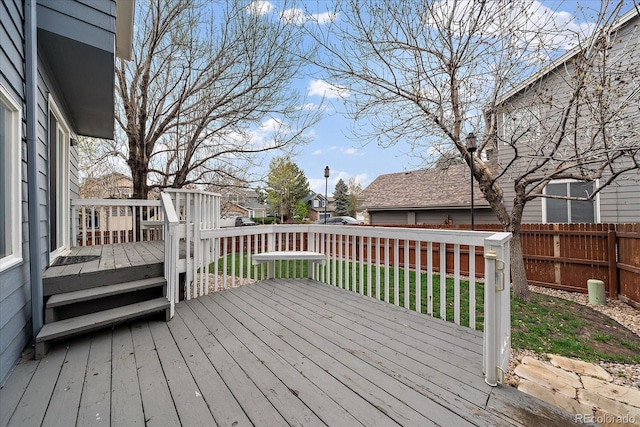 deck featuring a fenced backyard and a residential view