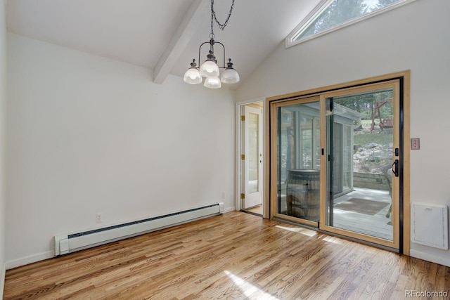 8795 Rudd Rd, Evergreen, CO 80439 - empty room featuring a baseboard heating unit, light wood finished floors, a chandelier, beamed ceiling, and high vaulted ceiling