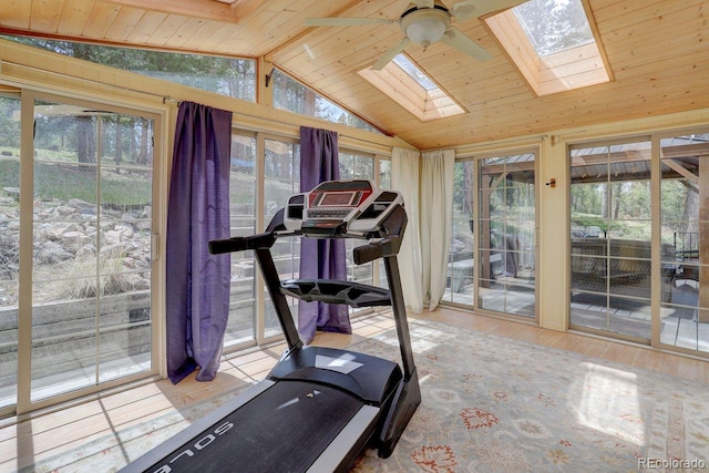 8795 Rudd Rd, Evergreen, CO 80439 - workout area featuring a skylight, vaulted ceiling, wood ceiling, a ceiling fan, and wood finished floors