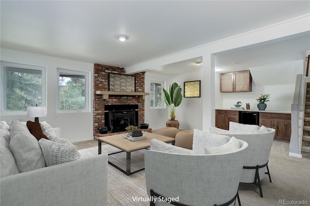 8795 Rudd Rd, Evergreen, CO 80439 - living area with light colored carpet and a fireplace