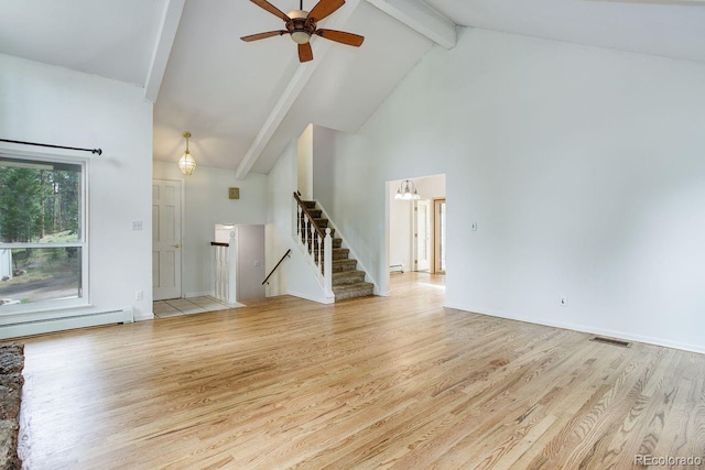 8795 Rudd Rd, Evergreen, CO 80439 - unfurnished living room featuring a baseboard heating unit, high vaulted ceiling, wood finished floors, beamed ceiling, and ceiling fan