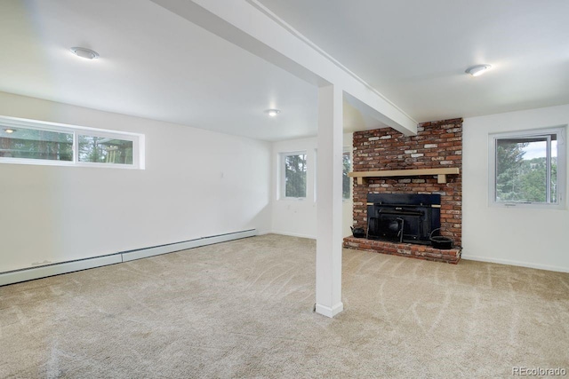 8795 Rudd Rd, Evergreen, CO 80439 - unfurnished living room featuring baseboard heating, carpet, beam ceiling, baseboards, and a brick fireplace