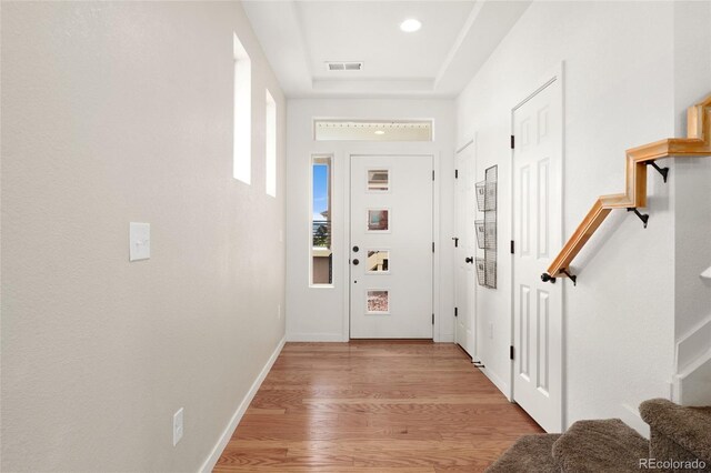 3692 Celestial Ave, Castle Rock, CO 80109 - entryway with stairs, light wood-type flooring, baseboards, and recessed lighting