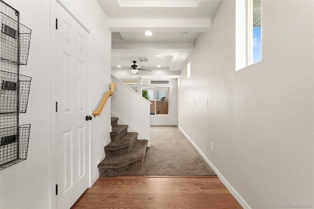 3692 Celestial Ave, Castle Rock, CO 80109 - hallway featuring healthy amount of natural light, wood finished floors, stairway, baseboards, and recessed lighting