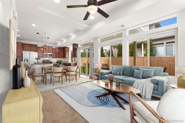 3692 Celestial Ave, Castle Rock, CO 80109 - living room with a ceiling fan, recessed lighting, and light colored carpet