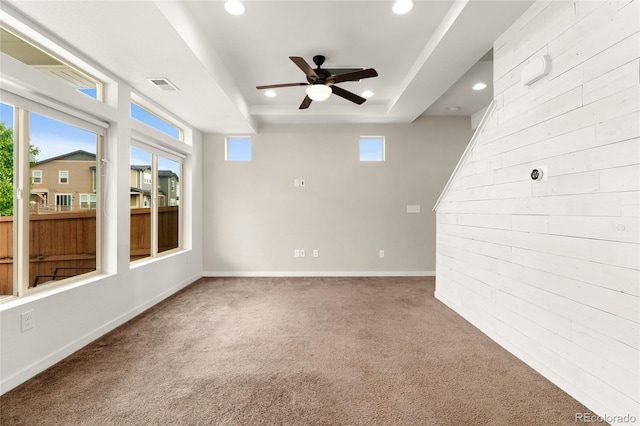 3692 Celestial Ave, Castle Rock, CO 80109 - empty room featuring recessed lighting, carpet floors, ceiling fan, a tray ceiling, and baseboards