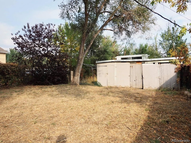 view of yard featuring a storage unit