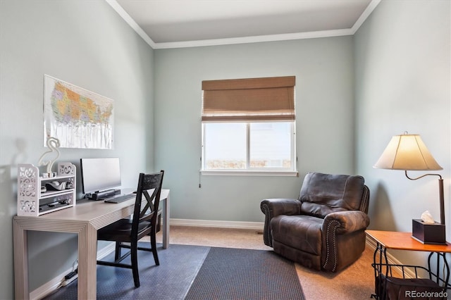 office area with baseboards, ornamental molding, and carpet flooring