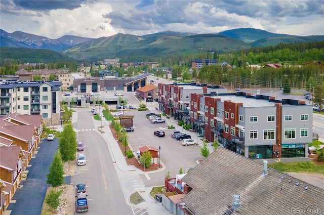 drone / aerial view with a mountain view