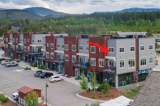 birds eye view of property featuring a mountain view