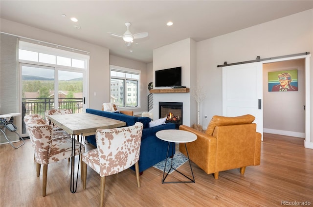 living room featuring ceiling fan, a barn door, and light wood-type flooring