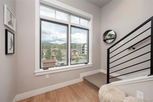 stairway with hardwood / wood-style floors