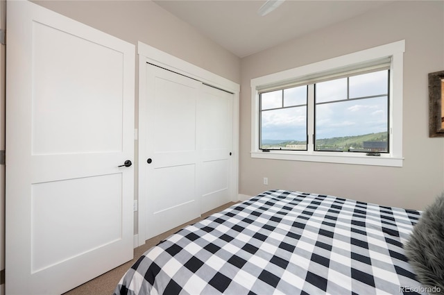 carpeted bedroom with a closet