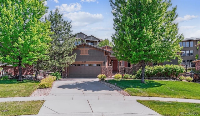 25402 E Glasgow Pl, Aurora, CO 80016 - craftsman-style house featuring an attached garage, concrete driveway, a front lawn, and stone siding
