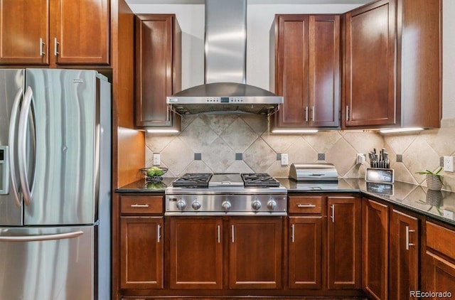 25402 E Glasgow Pl, Aurora, CO 80016 - kitchen with stainless steel appliances, wall chimney range hood, backsplash, and dark stone countertops