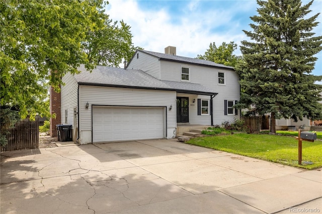 7431 Webster St, Arvada, CO 80003 - traditional home featuring an attached garage, concrete driveway, a chimney, and a shingled roof